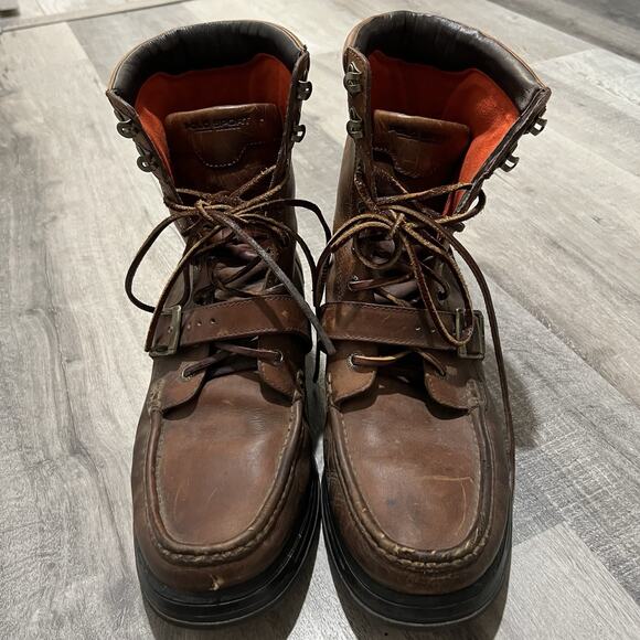 VTG Polo Sport Ralph Lauren Brown Leather Ranger Cookie Boots Strap/Buckle Tall